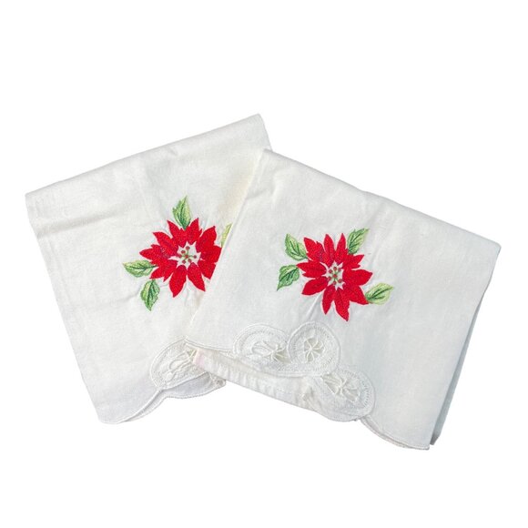 Vintage Christmas Linen Tea Towel Hand Embroidered Embellished Chrysanthemums u - Picture 4 of 4